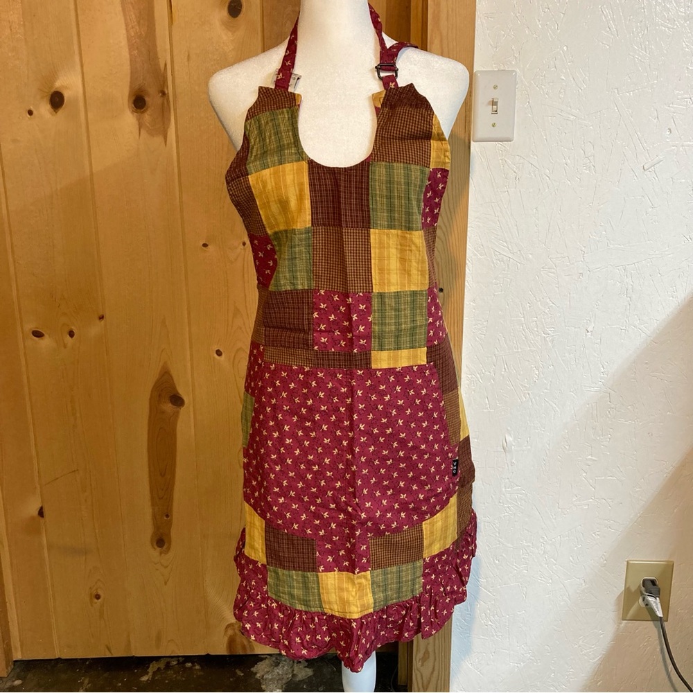Patchwork Kitchen Apron with Red, Green, and Gold Ruffle Trim Accents